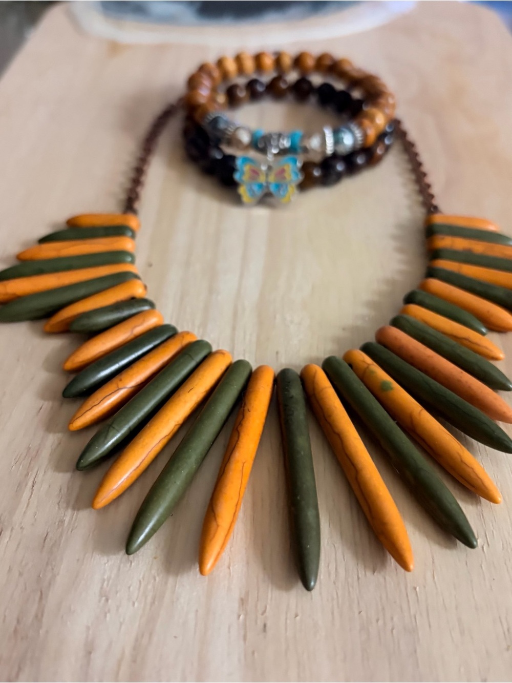 Orange and Olive wooden Spike Pendant Necklace - Women's Jewelry - Picture 5 of 5
